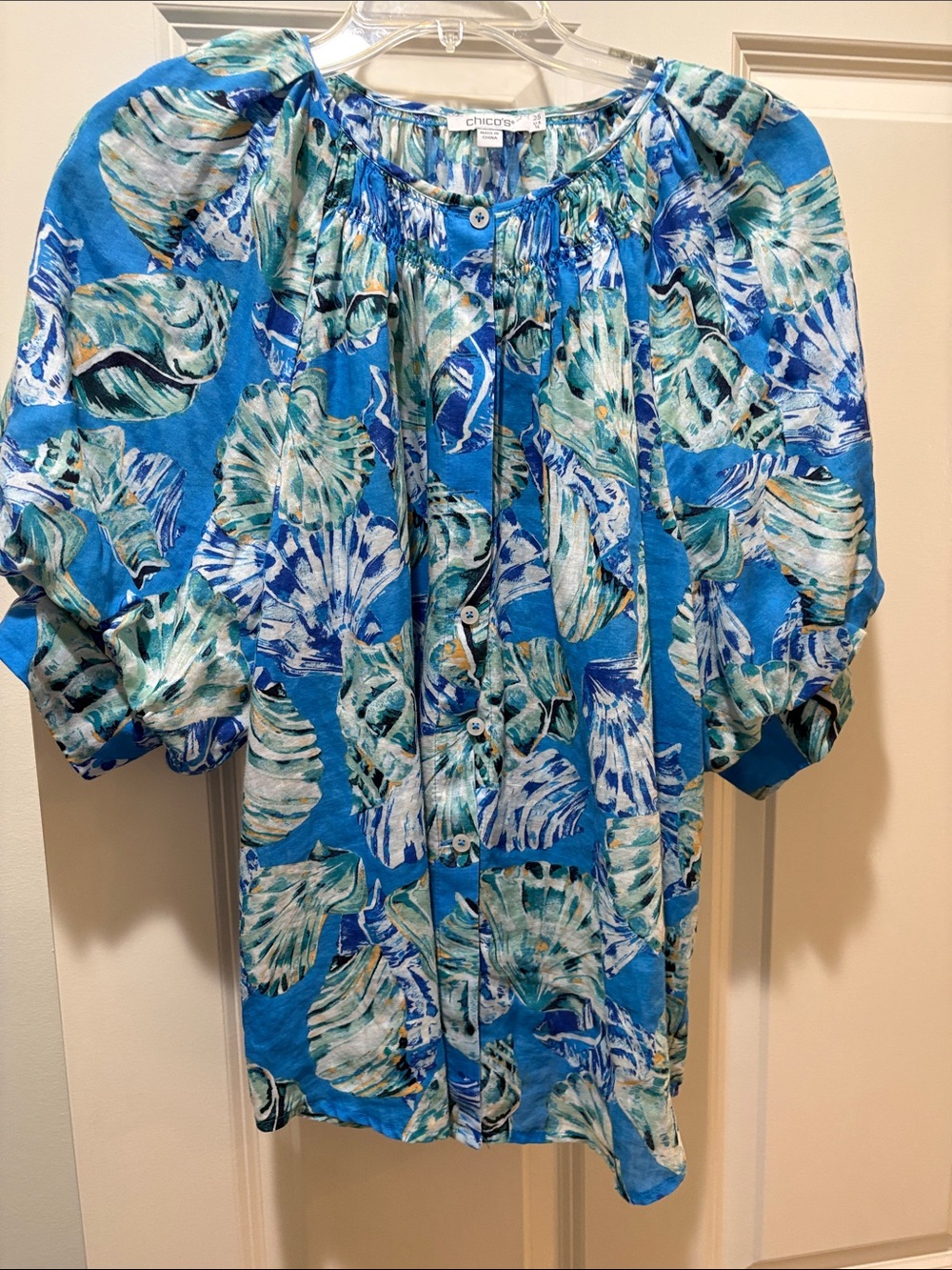 Chicos Blue Tropical Print Button-Front top